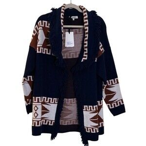 CocoGio Cardigan Sweater Aztec Print Beige/Blue Fringe Women's Size Medium, NWT
